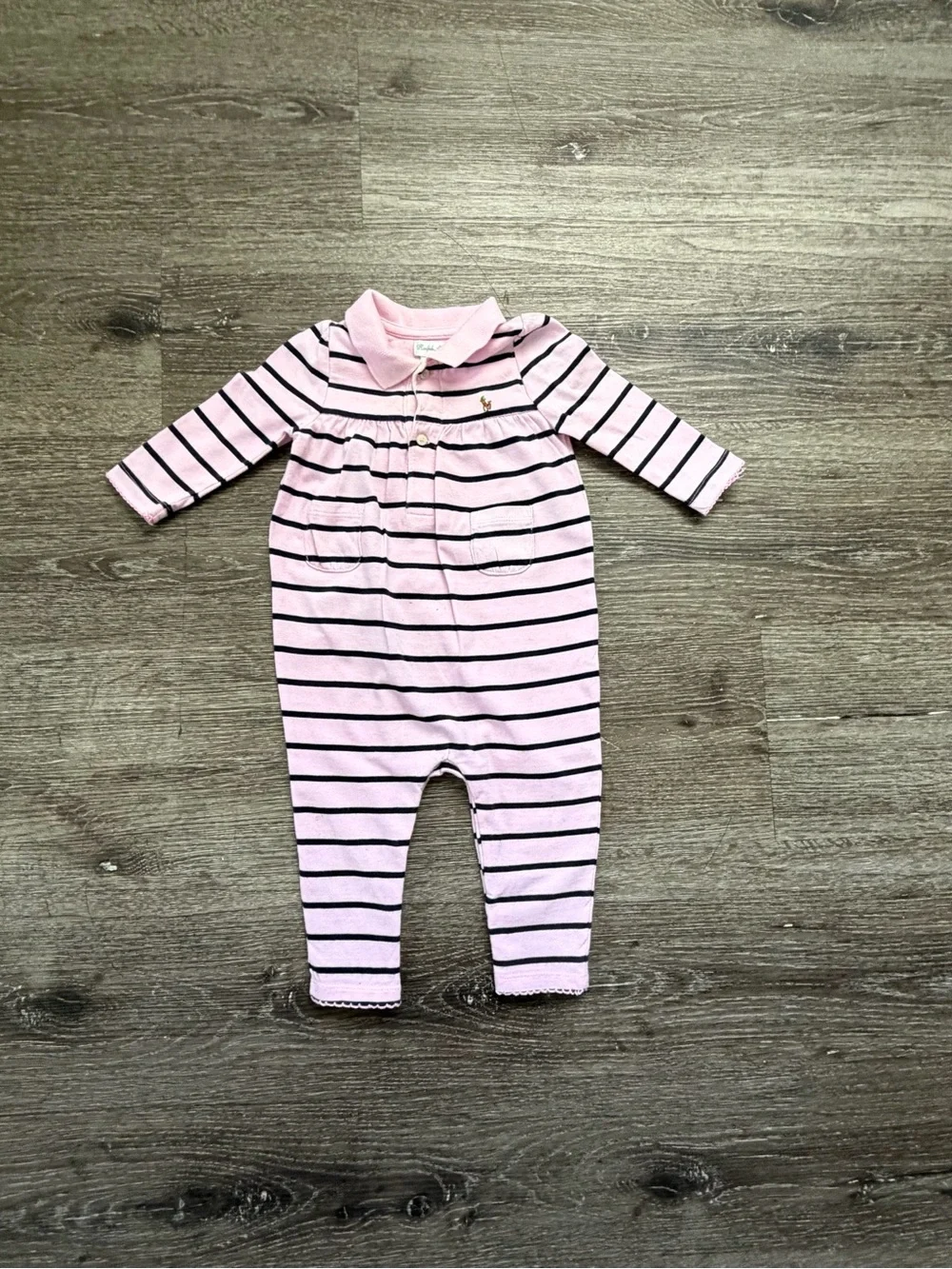 Ralph Lauren Light Pink & Navy Striped Polo-Style Footie